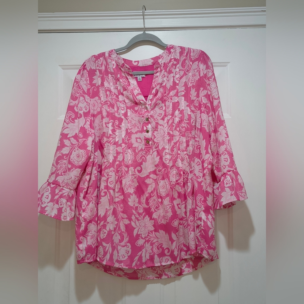 Kim Rogers Boho Pink & White Lined Blouse Size XXL